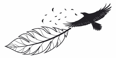 Black silhouette of a soaring bird in flight with falling feathers and a large decorative feather outline symbolizing freedom and creativity line art creativity wildlife © Mamun