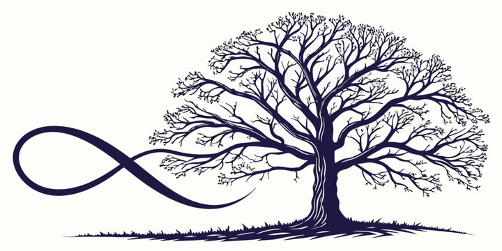 Stylized tree with bare branches and infinity symbol connecting its roots graphic illustration on white background infinity branches illustration silhouette abstract lifespan
