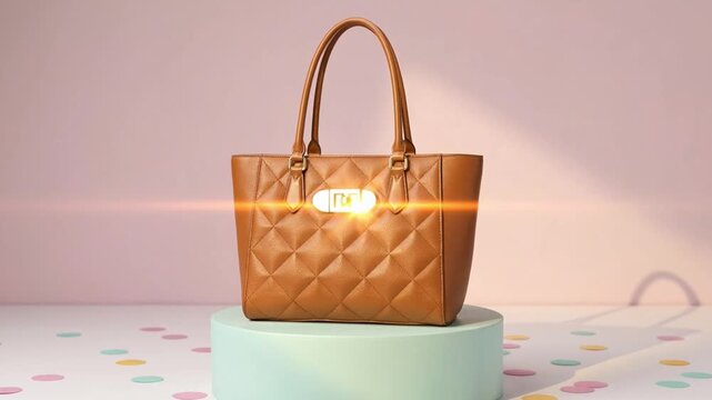 Tan leather handbag displayed on round pedestal with colorful confetti background showing stylish luxury fashion accessory for modern women use.