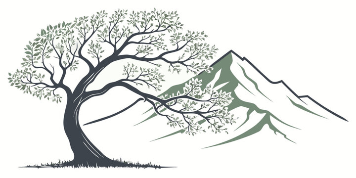 Stylized tree with green leaves and a strong dark trunk positioned on a gentle slope with faint grass prominent grey mountains with sharp peaks in the background a natural