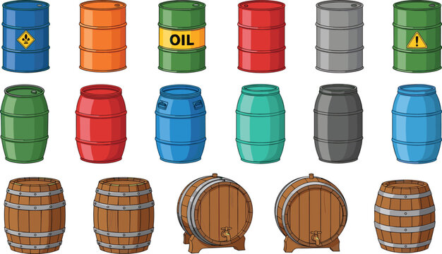Colorful barrel vector illustration featuring metal drums, plastic containers, and wooden casks for storage and industrial use