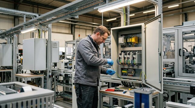 Medium shot of a technician installing a compact cabinet housing energyefficient servo drives optimizing power use in advanced industrial automation systems.
