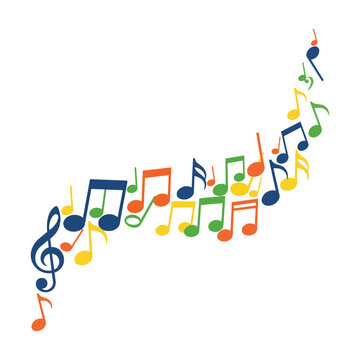 Collection of musical notes and quavers arranged in a rhythmic pattern on a white background, creative music concept