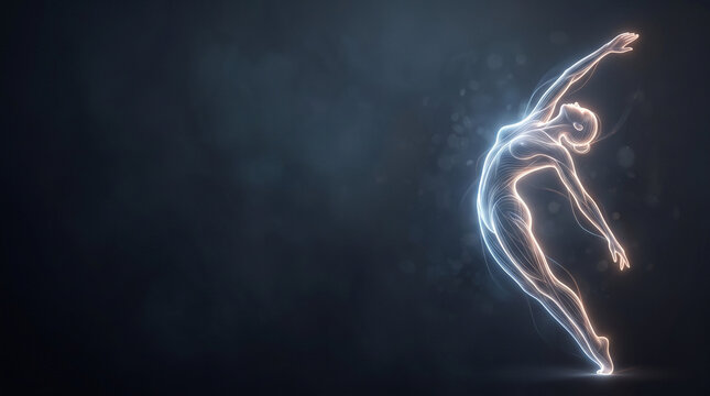 A glowing, digital human figure gracefully bends backward in a dynamic dance pose against a dark, abstract background.