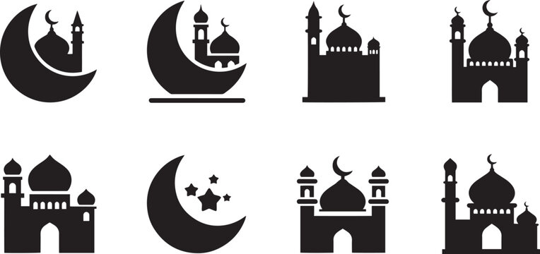 Islamic Mosque and Crescent Icons Set Ramadan and Eid Mubarak Silhouette Vector Illustration