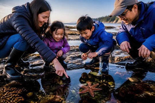 Family exploring tide pools at the beach with children discovering marine life and starfish.