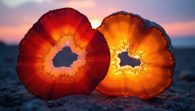 Two halves of bright red and orange agate geodes are lit from behind by sunset light. Their crystalline interior structures are visible, with vibrant banding patterns.