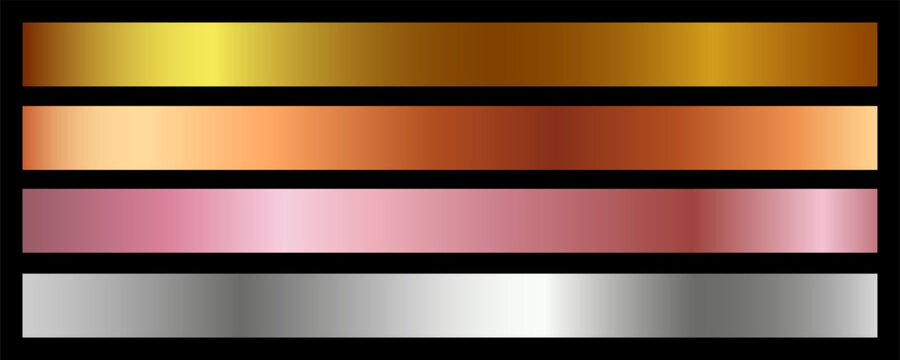 Shiny metallic gradient texture, gold, bronze, rose gold, silver. Glossy foil textures with smooth light reflections, steel backgrounds