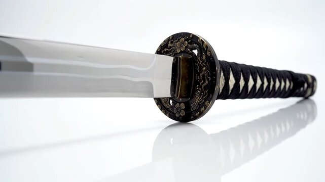 Traditional Japanese Katana Samurai Sword Close Up With Ornate Guard And Sharp Steel Blade On White Reflective Studio Background