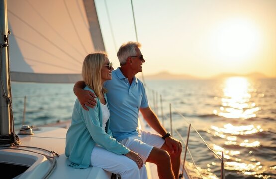 Mature couple enjoys sunset sail on yacht. Man and woman relax together at sea on boat trip. Romantic ocean voyage, luxury vacation, carefree summer leisure.