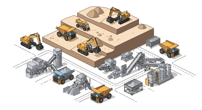 Heavy Mining Excavation Site With Earthmoving Equipment.