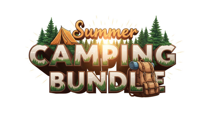 Summer camping bundle logo with backpack and tents, outdoor gear