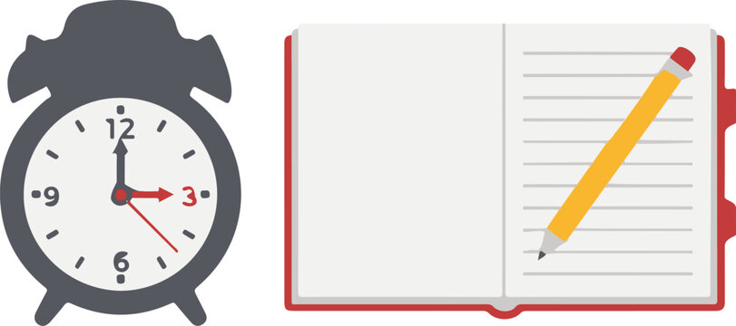 Dark gray alarm clock positioned next to an open notebook with a yellow pencil ready for writing important daily notes