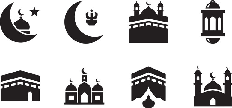 Islamic Mosque and Ramadan Icons Set Holy Kaaba and Crescent Vector Illustration