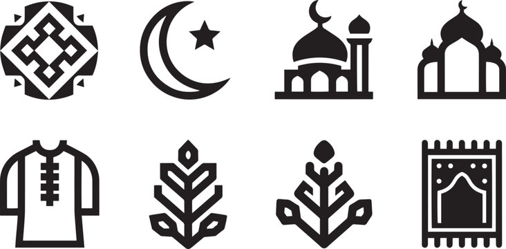 Islamic and Ramadan Icons Set Mosque and Religion Silhouette Vector Illustration