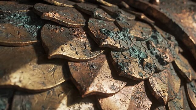 Close up of weathered metallic surface with scale pattern texture