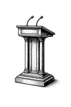 Vintage illustration of a classic podium with two microphones on top for public speaking and presentations in a formal setting