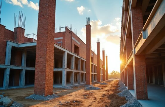 Brick building under construction, concrete pillars and rebar visible. Evening sun flares on site, dirt path, urban development project in progress. Building facade work happening now.