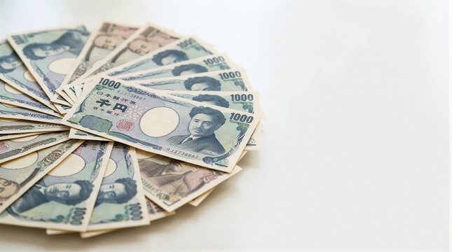 A stack of foreign money sitting on top of a table.