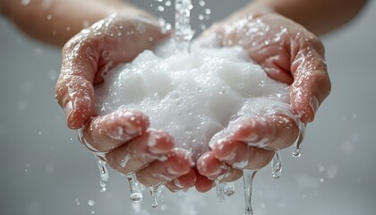 Fototapeta premium Close-Up of Hands Covered in Soap Lather Under Running Water, Hygiene Concept