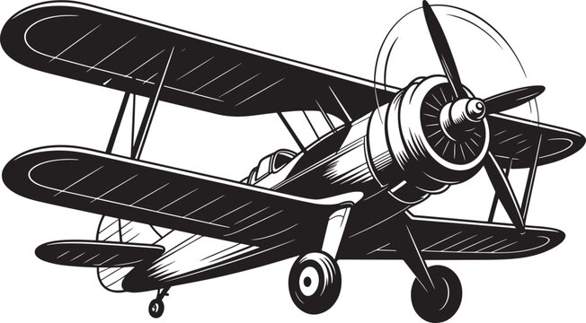 Biplane Retro Airplane Vintage Aircraft Black Line Art Vector