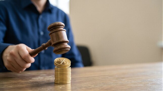 A stack of gold coins sitting on top of a wooden table.