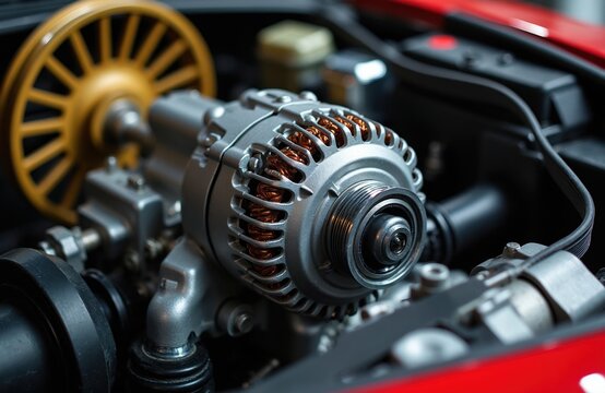 Automotive car alternator and belts detailed close-up. Mechanical engine part, complex auto motor system in workshop. Power generation, vehicle components and repair.