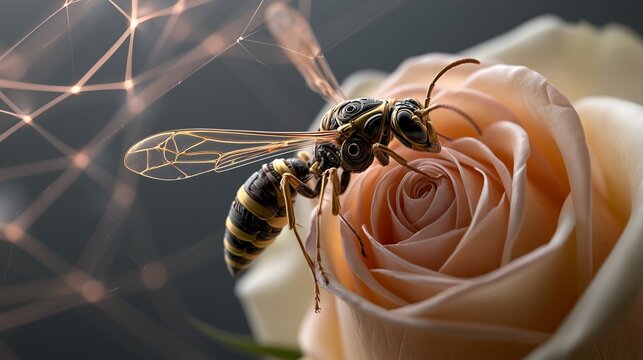 Eine digitale Illustration einer mechanischen Biene auf einer cremefarbenen Rose vor futuristischem Netzwerkhintergrund.