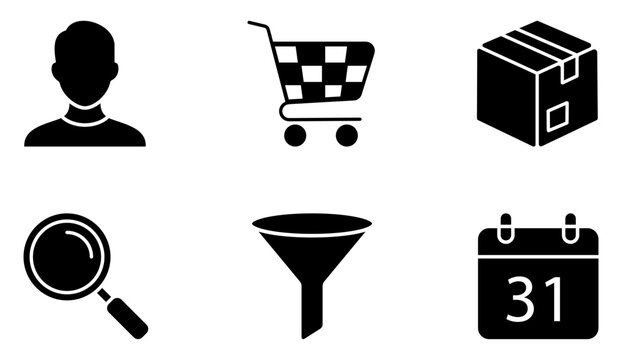 User, profile, shopping, cart, package, search, filter, calendar, account, delivery, ecommerce, magnifier icon set with solid black symbols for app, web, menu, interface, navigation design.