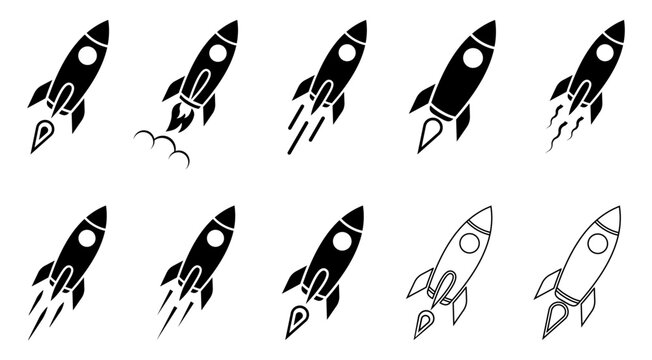 Rocket, launch, startup, spaceship, boost, speed, takeoff, space, shuttle icon set with rocket variants for business growth app ui logo web and technology design collection.