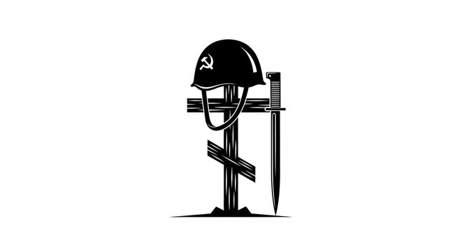 Military memorial silhouette with soviet helmet on wooden cross and bayonet knife on white background. Memorial day or victory day concept. Minimalist black and white vector illustration.