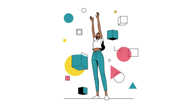 Young woman reaching up with arms raised amidst abstract geometric shapes and colorful circles, representing creativity and imagination.