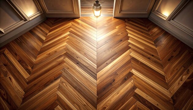 Luxury chevron pattern wooden parquet floor with warm ambient interior lighting