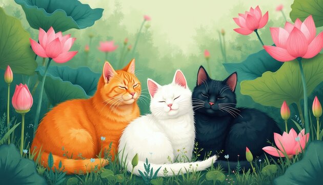 Three cats orange white black sleep together in garden near pink lotus flowers. Peaceful pets rest on green grass. Cute domestic felines enjoy nature scene.