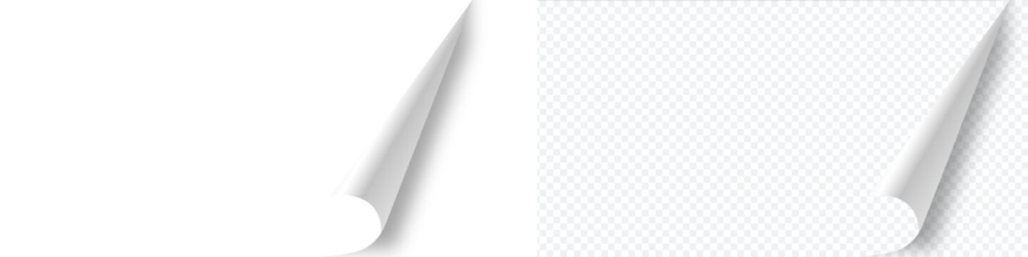 White page with curled corner, empty paper template for book, magazine. Vector post for notes, memory, remind. Bent realistic page.