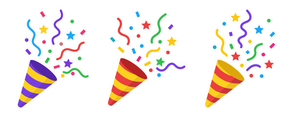 Obraz premium Set confetti party popper icon, fireworks logo, cap, flat design. Vector illustration isolated on white background.