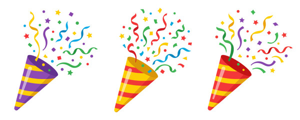 Fototapeta premium Set confetti party popper icon, fireworks logo, cap, flat design. Vector illustration isolated on white background.