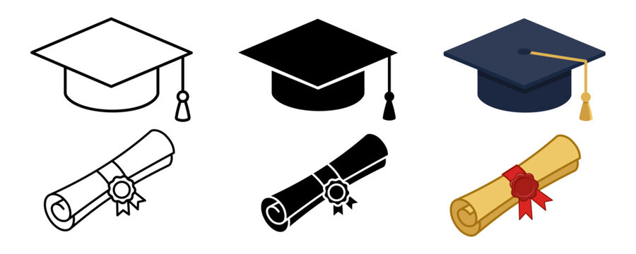 Graduation hat with diploma icon set. College, school and university graduation ceremony concept. Student hat with academic degree certificate vector illustration.