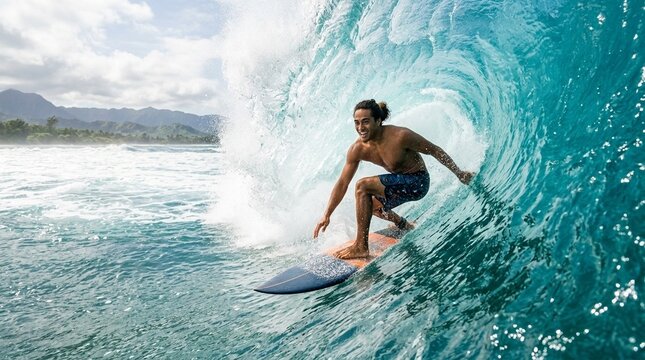 Surfer rides inside a curling ocean wave near a tropical coastline, dynamic action and spray convey thrill and freedom, ideal for adventure travel and sport themes