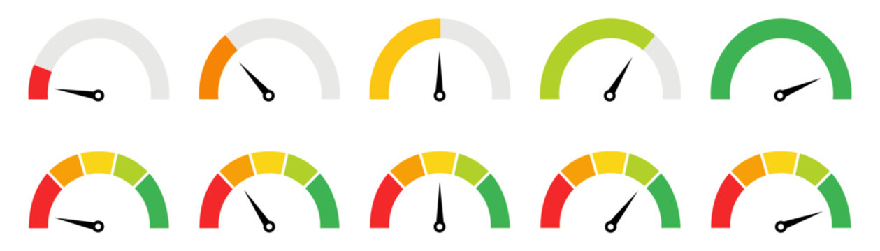 Speedometer icon set. Performance level dial bar vector illustration. Power level measure symbol. Infographic dashboard chart with arrow sign. High, medium and low risk control panel. Progress scale.