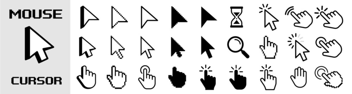 Mouse click cursor icon set, Cursor, click icons set. Click set vector. arrow and mouse forms, vector illustration.