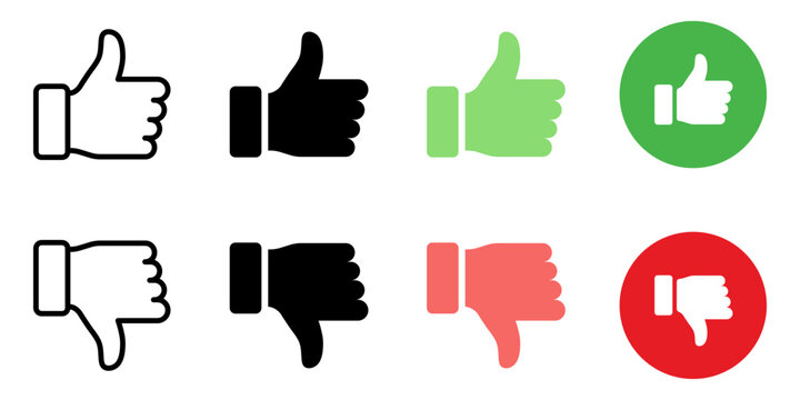 Like dislike thumb up and down isolated icon set. Vector flat cartoon illustration