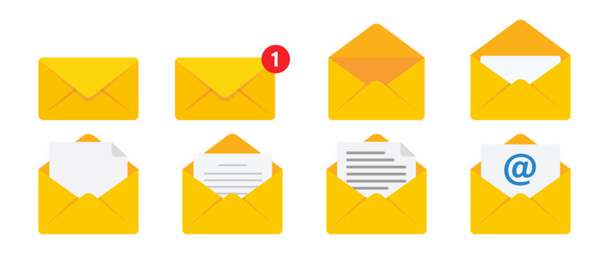 Message icon set. Closed, open and notification envelopes. Email message set for inbox, documents, contacts and postal communication tasks sign.