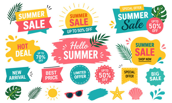Summer Sale Labels Set Discount Badges, Promo Stickers and Special Offer Tags Vector