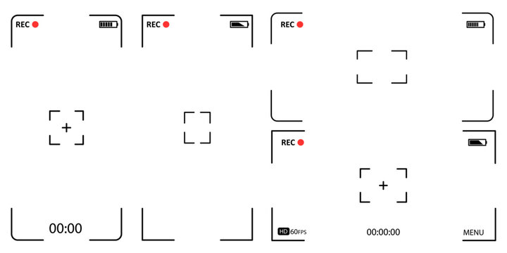Digital Video Camera Viewfinder Interfaces Set. Screen Overlay with REC Indicators, Focus Targets, and Technical Data. Different Camera and Camcorder on screen Displays, Viewfinders Layouts.