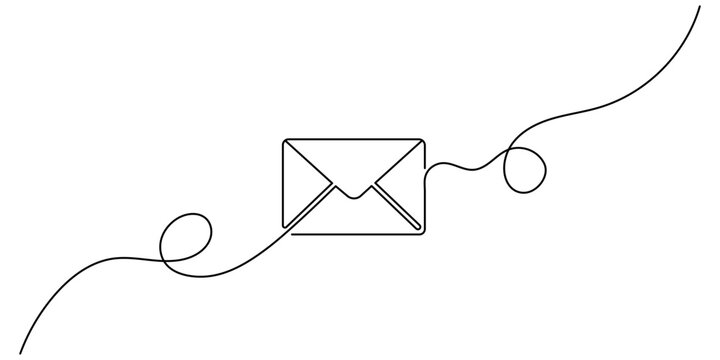 Mail continuous one line drawing, Continuous Line Drawing email, letter or mail. Trendy one line draw design vector illustration, Minimalist continuous line drawing of an envelope. Non editable stroke