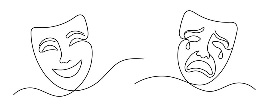 Comedy and tragedy theater masks continuous one line drawing Editable stroke