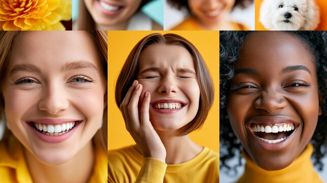 Eine fr&ouml;hliche Collage zeigt mehrere lachende Frauen unterschiedlicher Herkunft vor gelbem Hintergrund in einem positiven und vielf&auml;ltigen Portr&auml;t.