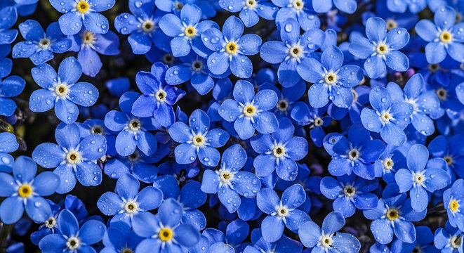 Close-up of Blue Forget-Me-Not Flowers with Morning Dew Drops, Myosotis sylvatica