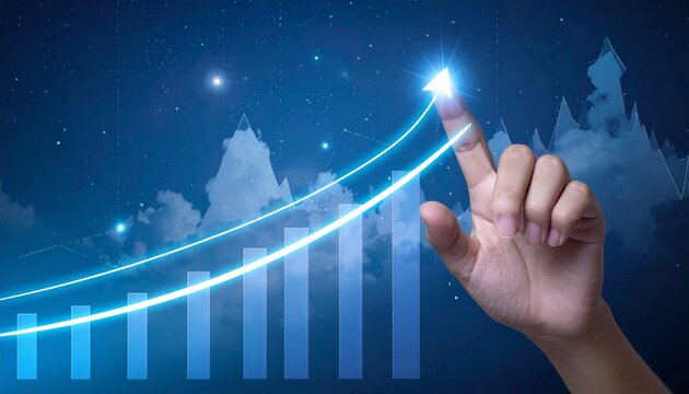 A business person interacting with a glowing digital financial graph to visualize market growth and success in a professional environment.